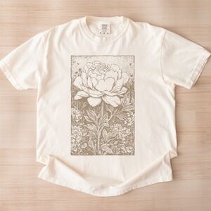 Botanical Woodcut Graphic Tee Red Flower Linocut Art Print Tshirt